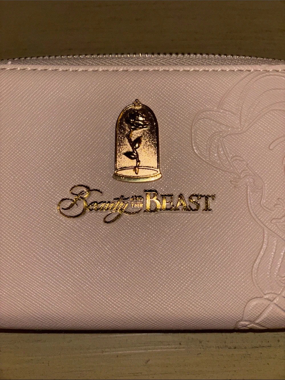 Disney Beauty and the Beast Light Pink Zip Wallet with Gold Accents